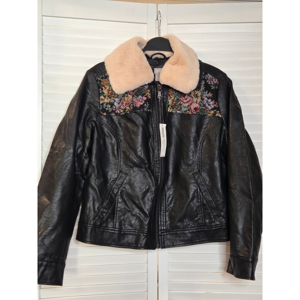 Chico's Faux Leather Jacquard Detail Jacket Size 1 Black Floral Faux Fur Collar